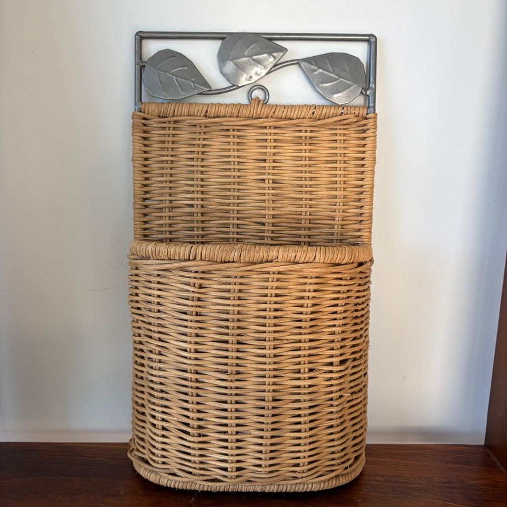 Vintage Wicker Wall Basket Mail Organizer Metal Leaf Detail Tan Boho Decor